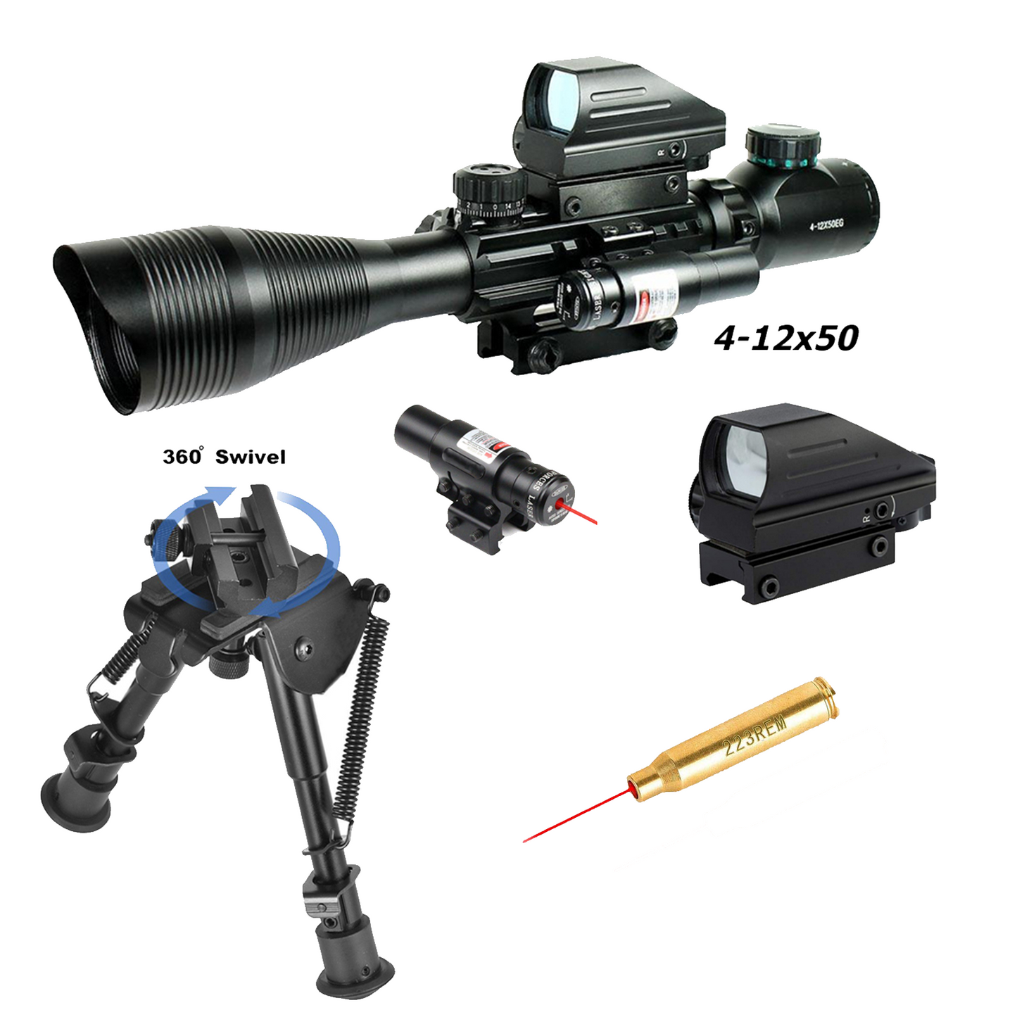 The AR-15 5 Piece Package w/ Illuminated Scope, Green Laser,Dot Sight, .223 Bore Sight and Bipod