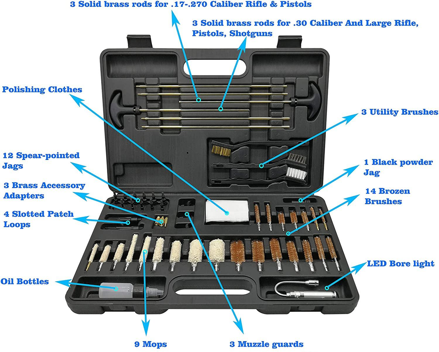 62 Universal Gun Cleaning Kit for All Guns Hunting Rifle Shot Gun Handguns in Hard Case All Calibers Gun Cleaning Kit with LED Bore Light